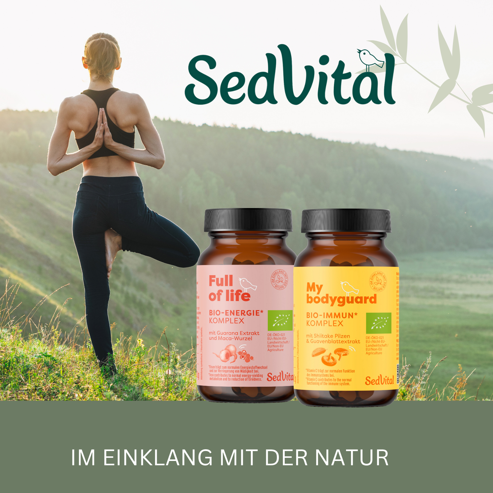 Frau in Yogapose, Bio Immun Komplex, Bio Energie Komplex, Marke SedVital, Im Einklang mit der Natur, Bio Nahrungsergänzungsmittel